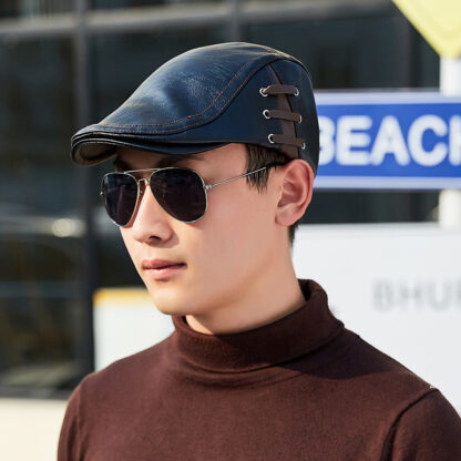 Leather Flat Cap Winter Warm Duckbill Hat #12968 - Image 2